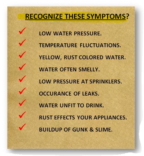 Picture / info graphic - low water pressure, temperatur fluctuation, yellow, rust colored water, smelly water, low pressure, leaks, water unfit to drink, rust harms appliances, build up of gunk and slime