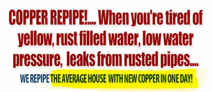 info graphic; copper repipe, symtoms - yellow, rust filled water, low water pressure, leaks from rusted pipes